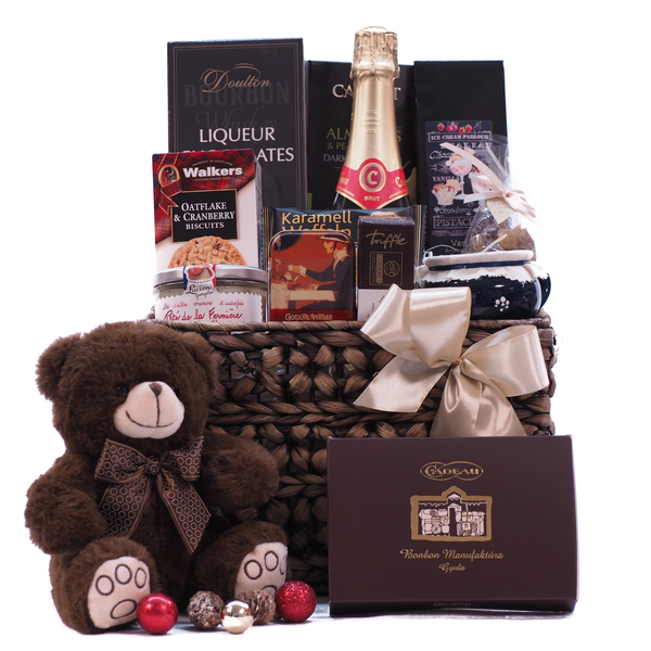 Karácsonyi pezsgős ajándék macival